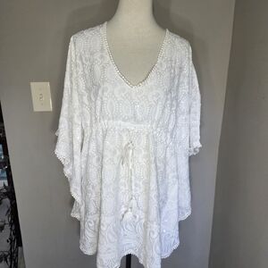 White Lace Paisley Kaftan Top Bathing Suit Cover-up One Size Fits All Drawstring